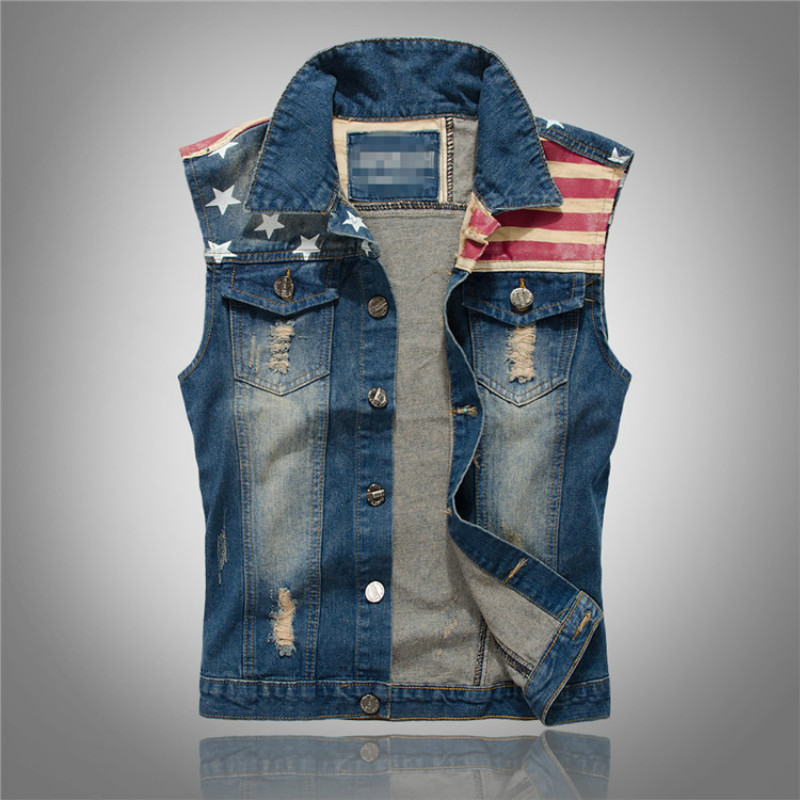 Mens Fashion Denim Jacket - Streetwear Fashion Stars and Stripe Print