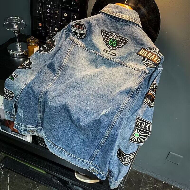 Men High Street Embroidery Pat - Mens Fashion Denim Jacket ulasan dan harga
